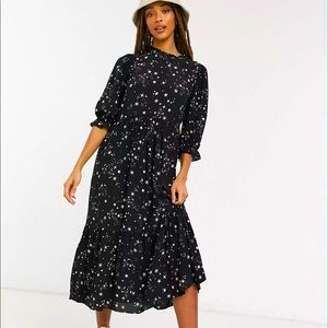 New Look high neck volume sleeve midi dress in star print